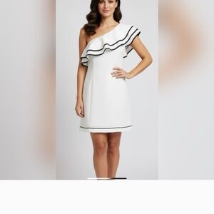 Elegant White One-Shoulder Dress with Black Trim